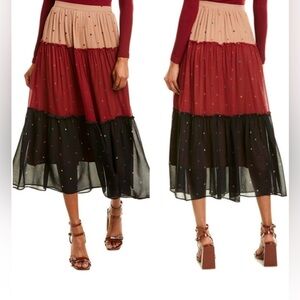 Farm Rio Women's Mixed Dots Maxi Skirt Multi Tiered Color Blocked Sheer Overlay